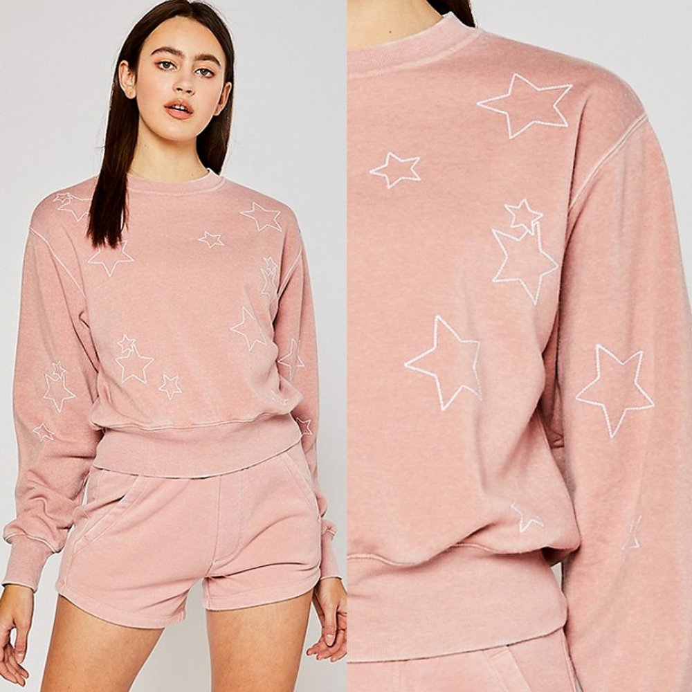 NEW Pink Burn Out Star Embroidered SOFT Sweatshirt